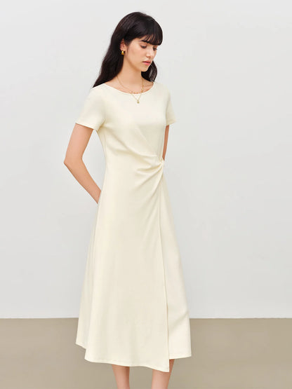 Women's French-Inspired Twist Knot Midi Dress Ruched Waist & Asymmetric Hem - Elegant Style for Daily Wear