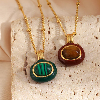 Enamel Framed Natural Stone Pendant Necklace 18K Gold Plated Stainless Steel Chain Hypoallergenic