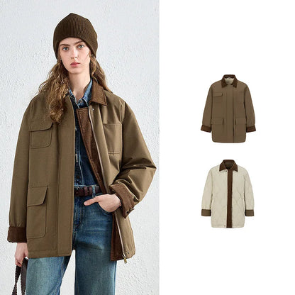 Women Down Jacket New Reversible Workwear Quilted Mid Length Loose