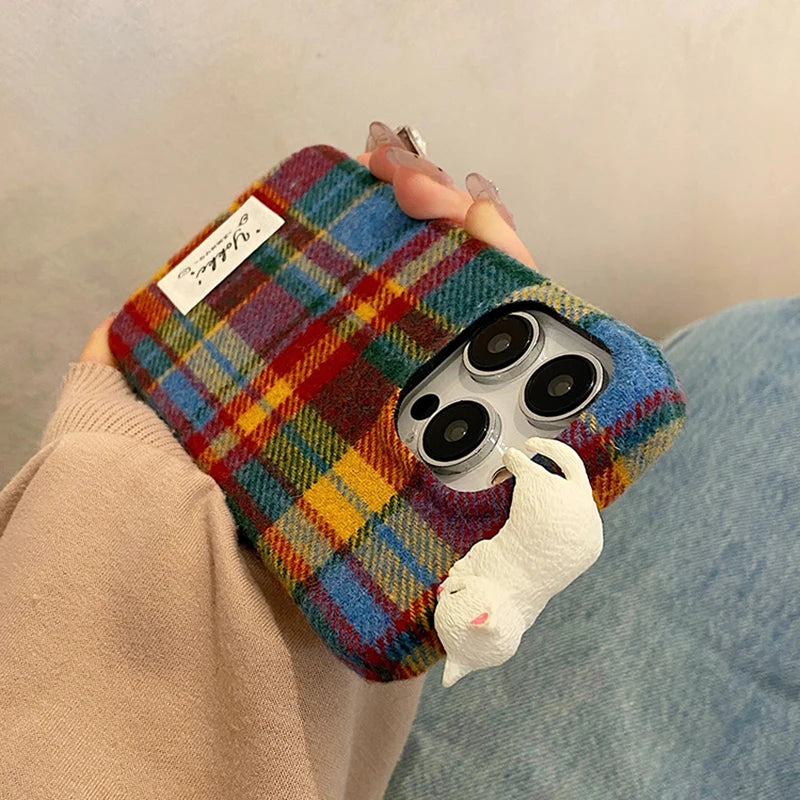 Fashion Warm Plush Plaid Grid Pattern 3D Cat Case For iPhone 16 15 14 13 12 Pro Max Creative Bumper Back Cover