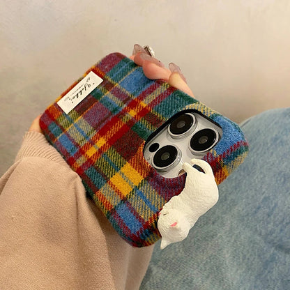 Fashion Warm Plush Plaid Grid Pattern 3D Cat Case For iPhone 16 15 14 13 12 Pro Max Creative Bumper Back Cover