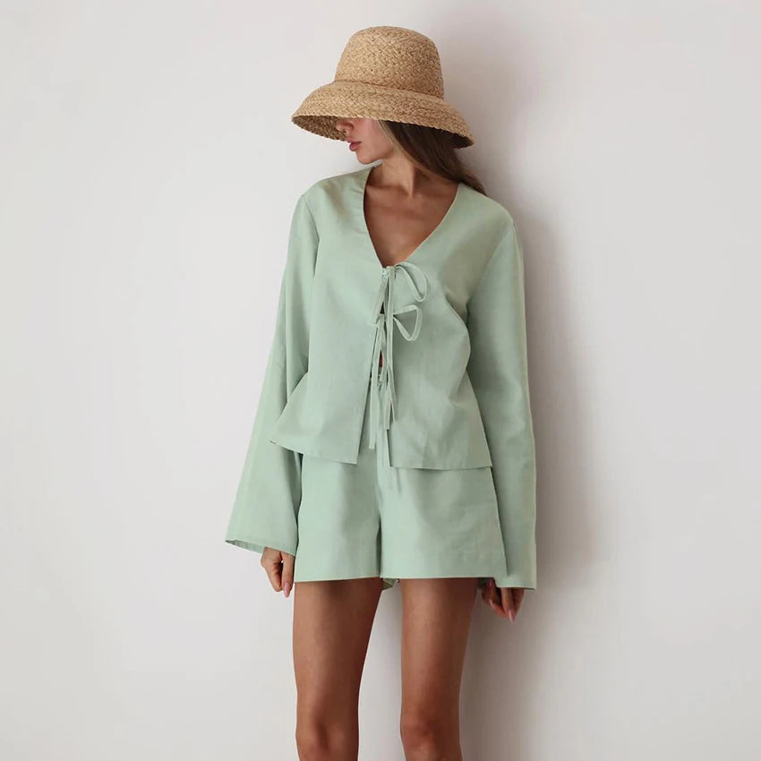 Relaxed Fit Women'S Cotton Pajamas Suit Green Tie Front Bell Sleeve Top And Elastic Waist Shorts Sleepwear Casual Loungewear