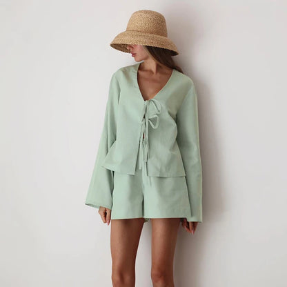 Relaxed Fit Women'S Cotton Pajamas Suit Green Tie Front Bell Sleeve Top And Elastic Waist Shorts Sleepwear Casual Loungewear