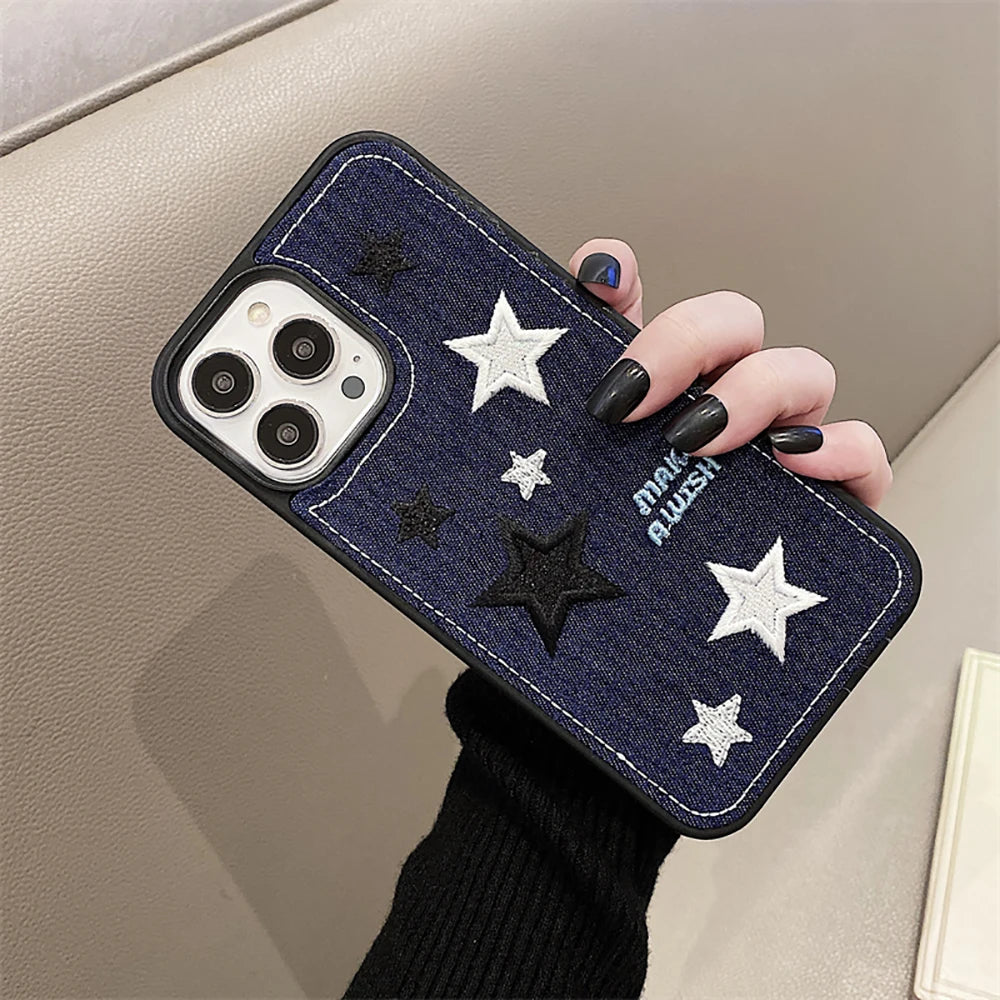 Cute Denim Fabric Embroidery Flower Winter Warm Phone Case For iPhone 15 14 13 12 11 16 Pro Max XS XR X Silicone Cover Protector