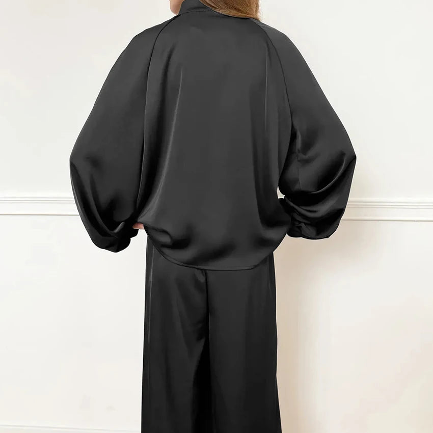 Casual Loose Woven Inelastic Pajamas 2 Piece Suit Long Sleeves Medium Collar Single-Breasted Top Full Length Pants