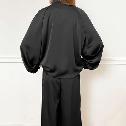 Casual Loose Woven Inelastic Pajamas 2 Piece Suit Long Sleeves Medium Collar Single-Breasted Top Full Length Pants