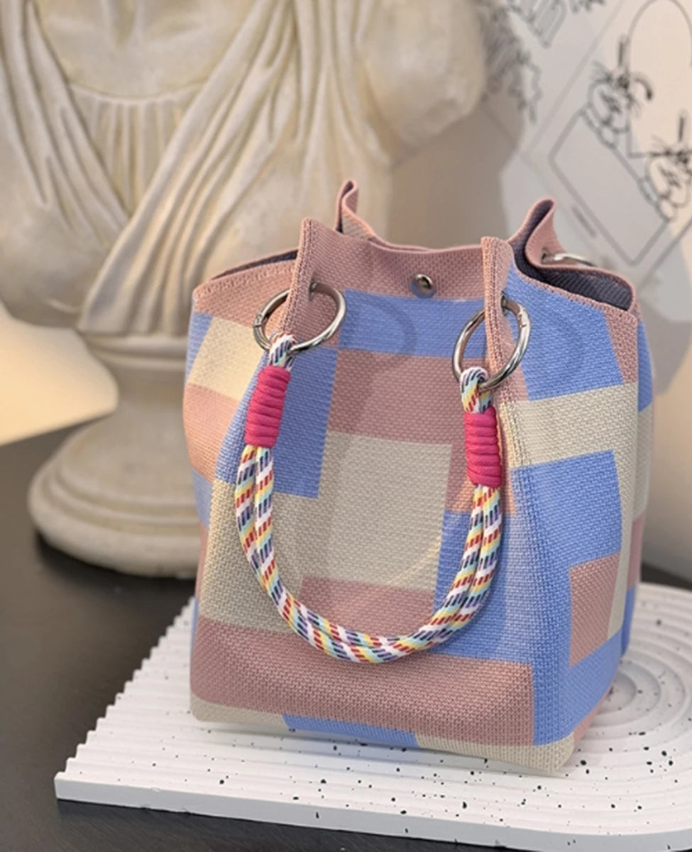 Multi-color knitted retro bucket handbag simple and color-blocked,versatile and easy to carry with you