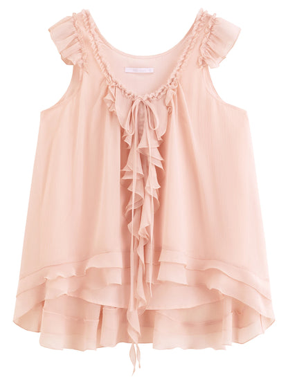 Women's French-Inspired Romantic V-Neck Self-Tie Blouse Ruffle Trim & Matching Separate for Daily