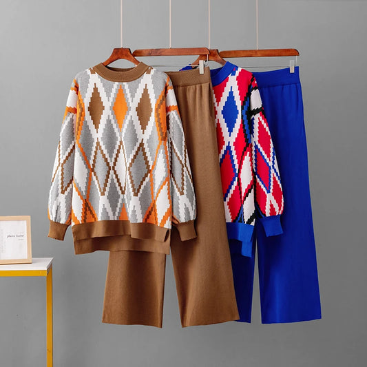 Knitted Two-Piece Matching Sets for Women Loose Trousers Suit Long Sleeve Top Wide Leg Pants Casual Outfits Lozenge Sweater