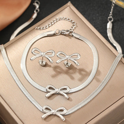 Steel Jewelry Set Blade Chain Bow Design Bracelet Necklace Earrings 3 Piece Jewelry Set For Women Jewelry Party Gifts