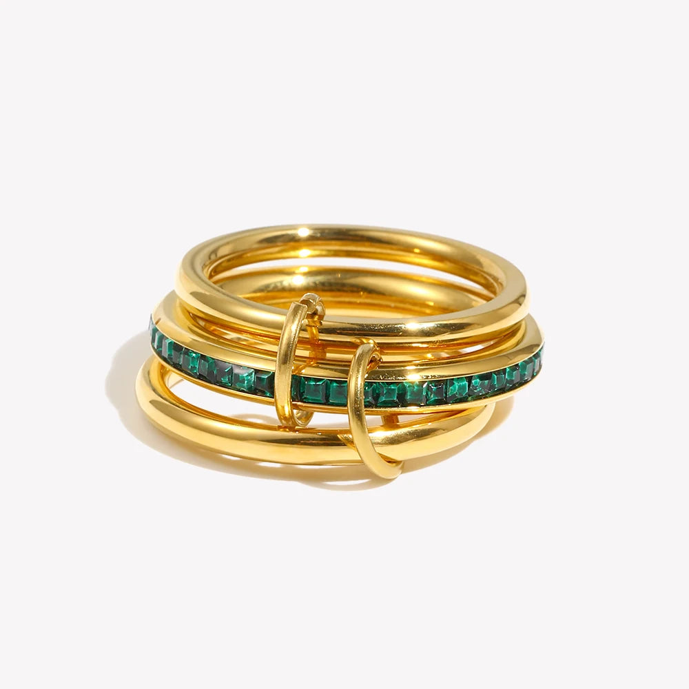 New Design Green Color Rhinestone Three Layers Rings 316L Stainless Steel Fashion Women Waterproof Jewelry