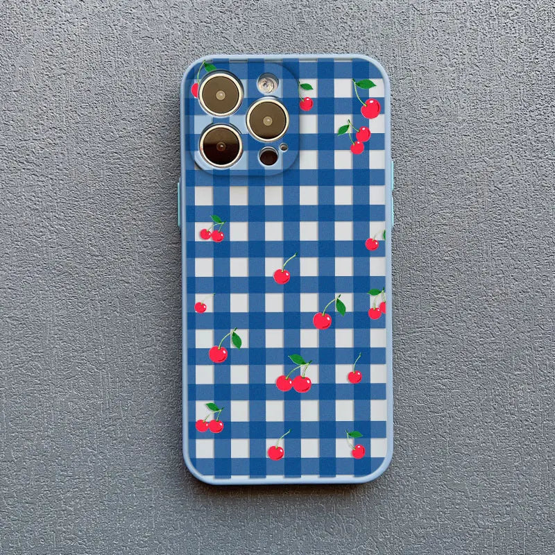 Cute Fashion Girl Cherry Grid Pattern Phone Case for iPhone 15 16 Pro Max Plus 14 11 12 13 Mini Pro Max X XS XR 7 8 Plus Covers