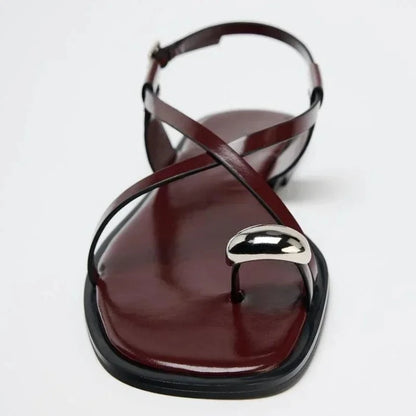 Fashion Brand Flat Sandals Women Cross Strap Buckle Metal Decoration Comfort Casual
