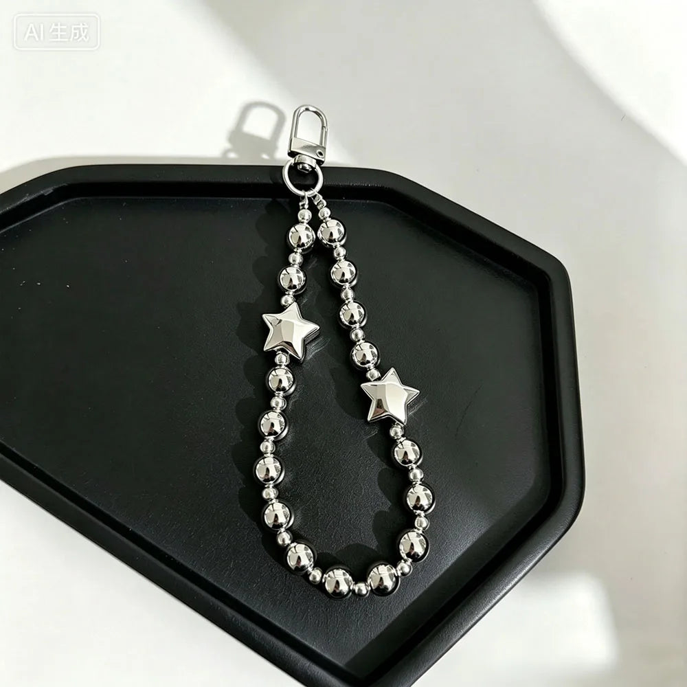 Trendy Silver Color Beaded Phone Hand Strap Premium Metal Look Short Wrist Lanyard Multi-Use Chain for Phone Case Keys & Bags
