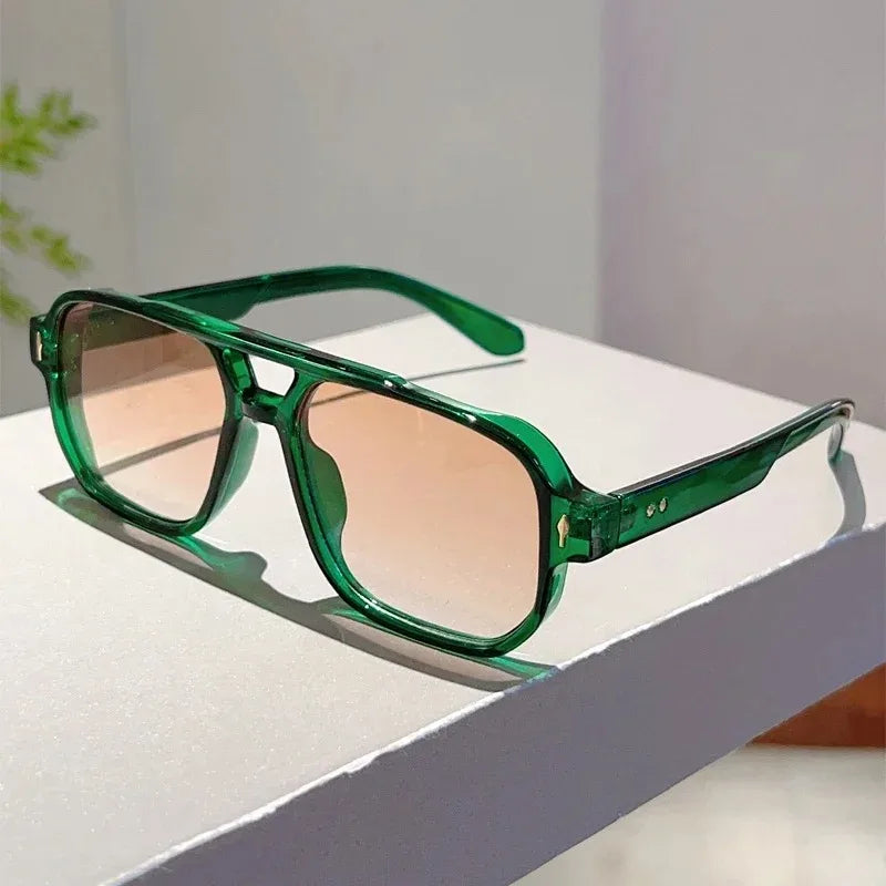 New Vintage Double Bridges Square Sunglasses Fashion Rivets Ocean Lens UV400 Eyewear Women Trending Traveling Sun Glasses