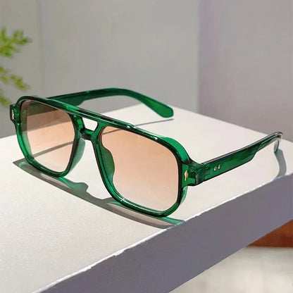 New Vintage Double Bridges Square Sunglasses Fashion Rivets Ocean Lens UV400 Eyewear Women Trending Traveling Sun Glasses