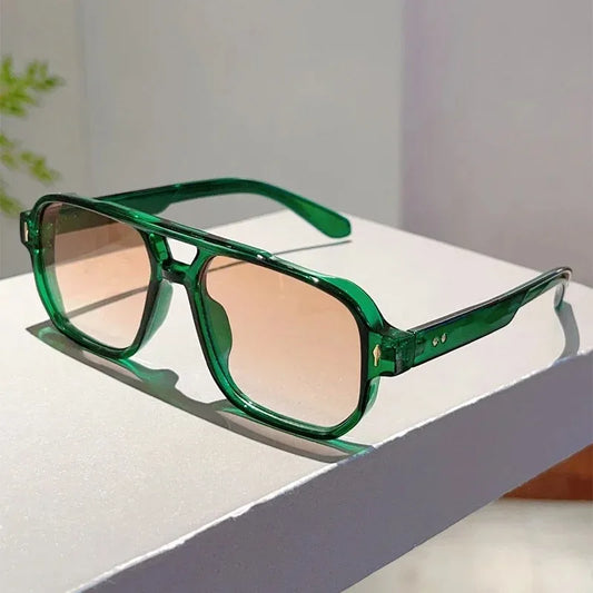 New Vintage Double Bridges Square Sunglasses Fashion Rivets Ocean Lens UV400 Eyewear Women Trending Traveling Sun Glasses