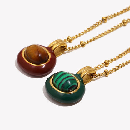 Enamel Framed Natural Stone Pendant Necklace 18K Gold Plated Stainless Steel Chain Hypoallergenic