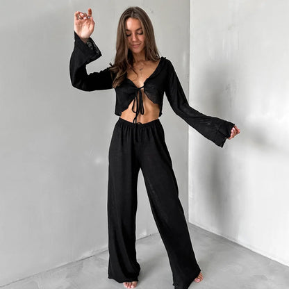 V-Neck Knitted Thin Trousers Pajamas Women Casual Lace-Up Crop Tops With Loose Long Pants Sleepwears White Suits