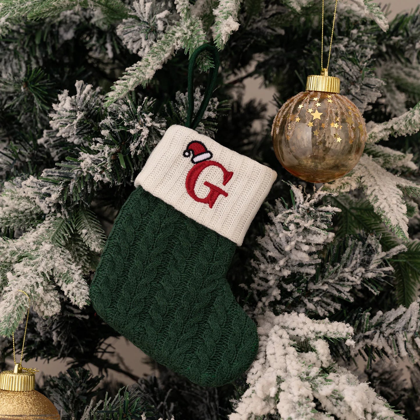 Green A-Z Letter Hanging Christmas Stockings Monogram Knitted Socks