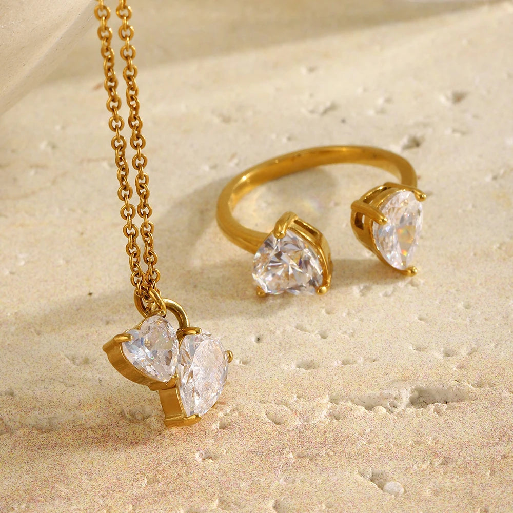 18K Gold Plated Heart CZ Jewelry Set Stainless Steel Hypoallergenic Necklace Open Ring Sets Fashion Luxury Jewelry