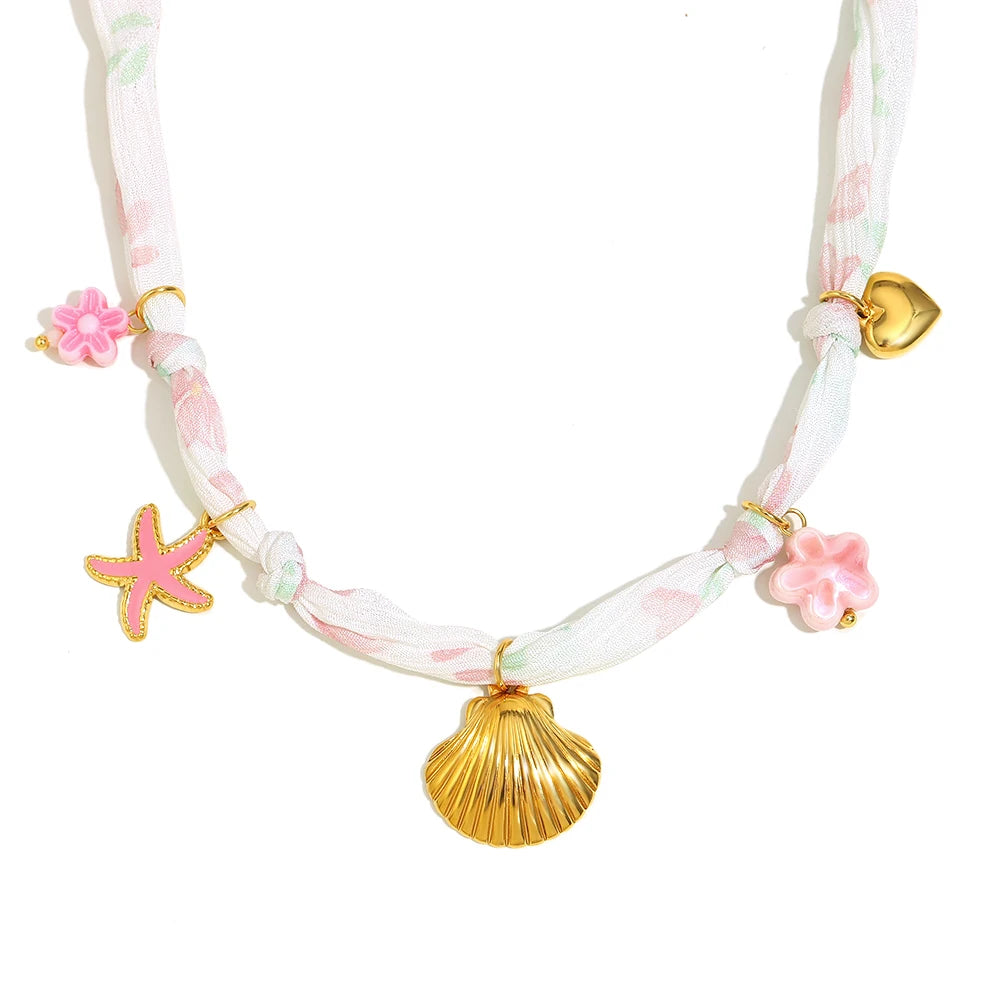 New Fashion 18K Gold Plated Ribbon Flower Starfish Fossil Shell Sun Pendant Necklace Stainless Steel Neck Jewerly