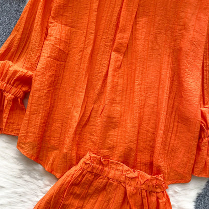 Elegant Polo-neck Vintage Long Flare Sleeves Chic Single Breasted Shirts High Waist Wide Leg Short Pants Sets