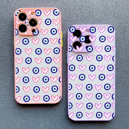 Evil Eye Glossy Heart Pattern Phone Case for iPhone 14 15 Pro Max Plus 11 12 13 Mini Pro Max 16 17 Pro Max Shockproof Back Cover