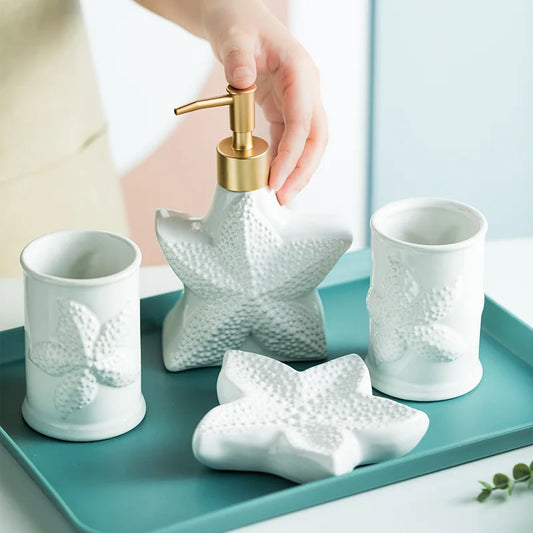 Porcelain Bathroom Set Bathroom  Ceramic Starfish Shell Soap Dispenser Gargle Cup Bathroom Accessories Shower Gel Divided Bottle Soap Dish