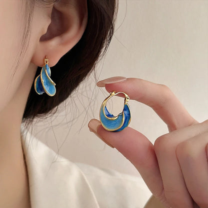 Elegant Metal Blue Clip On Twisted Hoop Earrings For Women