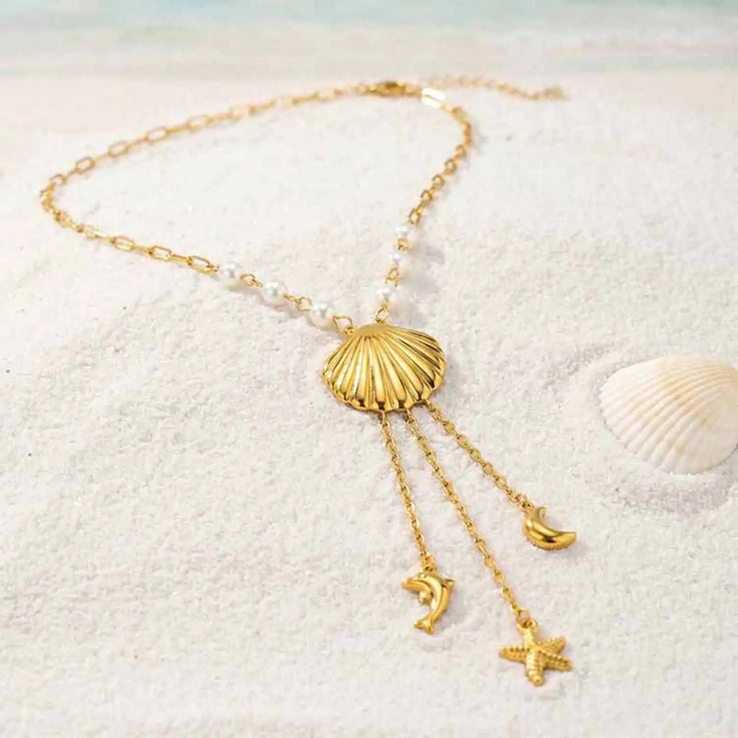 Ocean Style Y Necklace,18K Gold Plated Stainless Steel,Turquoise Paperclip Chain Dolphin Starfish Tassel Jewelry Waterproof