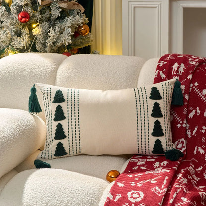 1PCS Black And White Christmas Tree Embroidered Canvas Pillow Cover