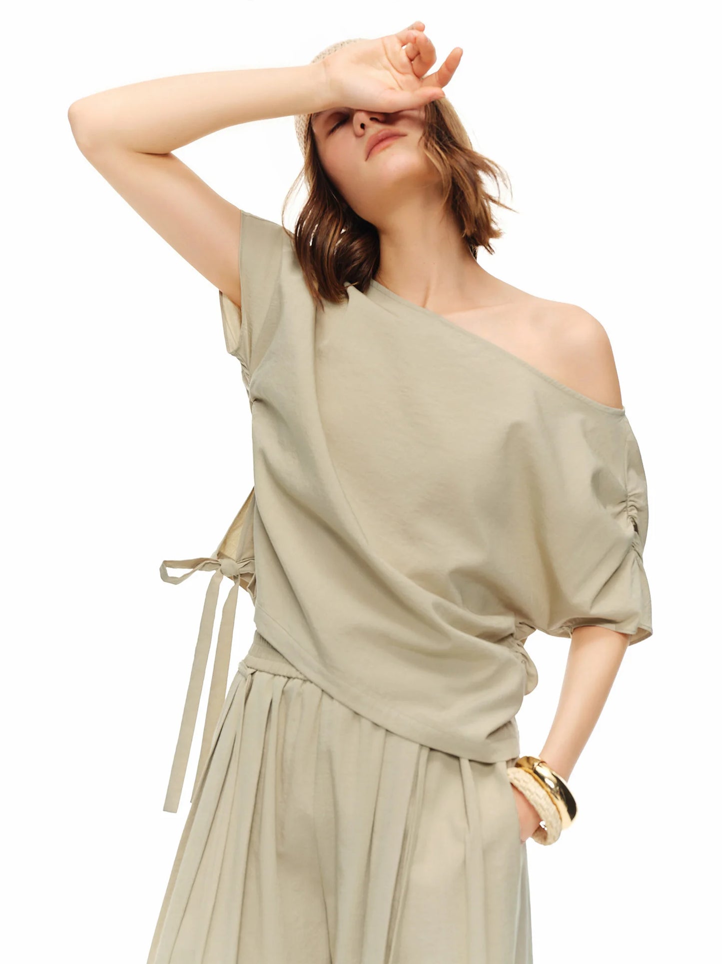 Women's Weekend Pleated Blouse Wide-Leg Pants Elegant Summer Lightweight Off-Shoulder Two-Piece Outfit