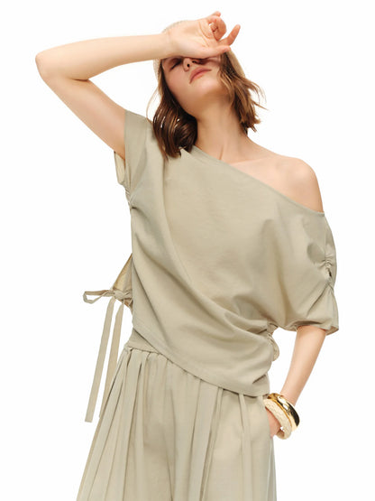 Women's Weekend Pleated Blouse Wide-Leg Pants Elegant Summer Lightweight Off-Shoulder Two-Piece Outfit