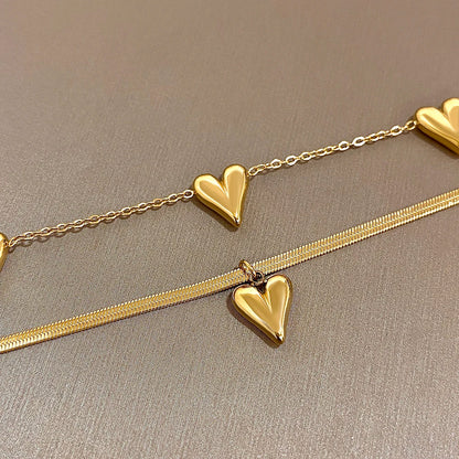 Stylish Heart Pendant Waterproof Gold Plated Steel Bracelets for Women Double Layer Bracelet Charm Fashion Jewelry