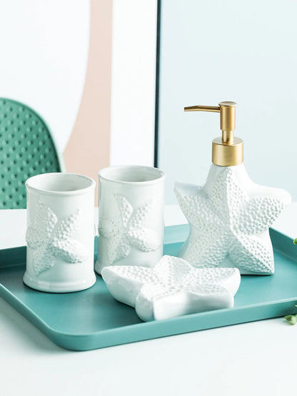 Porcelain Bathroom Set Bathroom  Ceramic Starfish Shell Soap Dispenser Gargle Cup Bathroom Accessories Shower Gel Divided Bottle Soap Dish