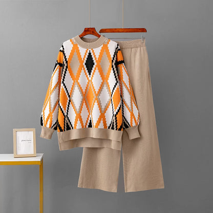 Knitted Two-Piece Matching Sets for Women Loose Trousers Suit Long Sleeve Top Wide Leg Pants Casual Outfits Lozenge Sweater