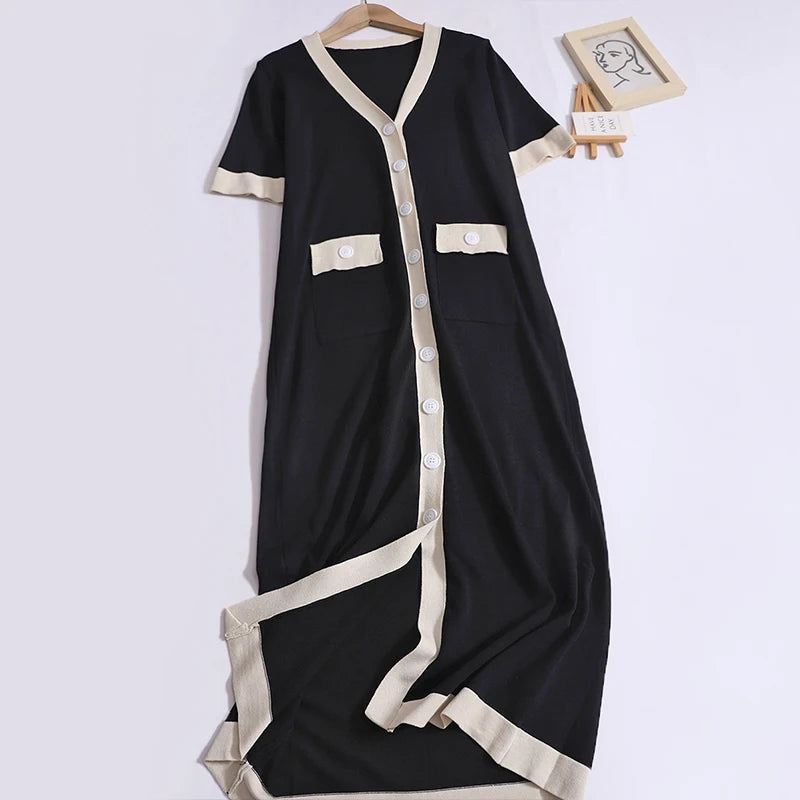 Women Summer Vintage Dress Patchwork Pocket Short Sleeved Knit Dress Loose Casual Simple Mid-Length Dress