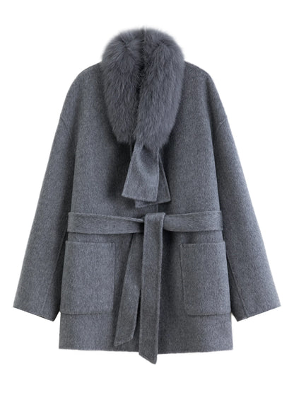 Wool-blend Coat Women Fox Fur Collar Thick Loose Mid Length for Winter