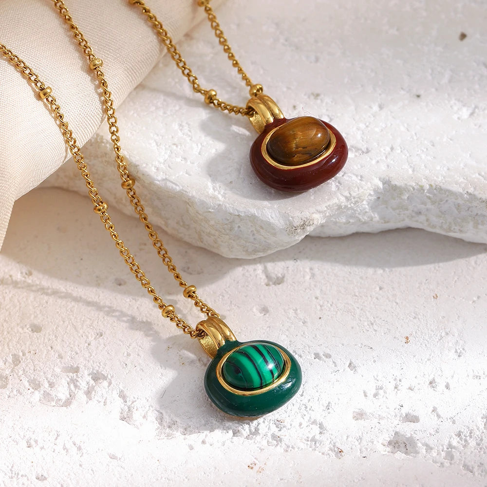 Enamel Framed Natural Stone Pendant Necklace 18K Gold Plated Stainless Steel Chain Hypoallergenic