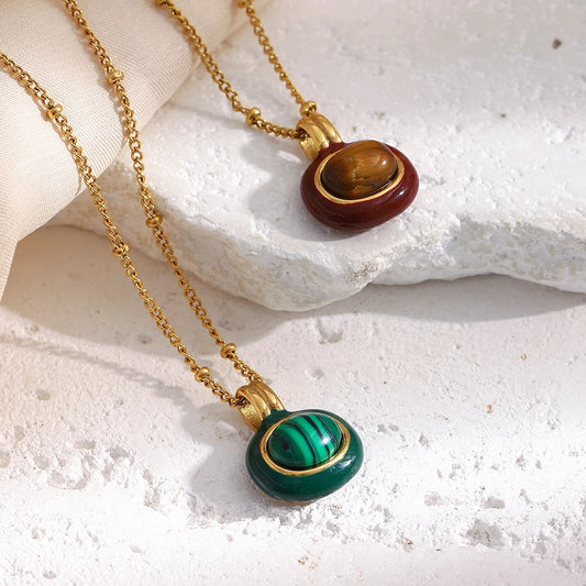 Enamel Framed Natural Stone Pendant Necklace 18K Gold Plated Stainless Steel Chain Hypoallergenic