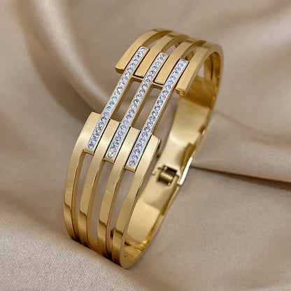 Bracelets for Women Luxury Zircon Intersect Gold Plated Metal Wide Jewelry