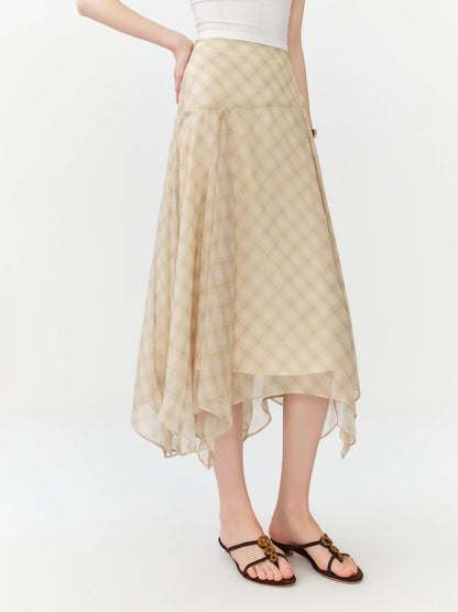 New Arrival One-Shoulder Plaid Shirt Top and Long Skirt  French-Style Ruffled A-Line Chiffon Skirt Set Elegant