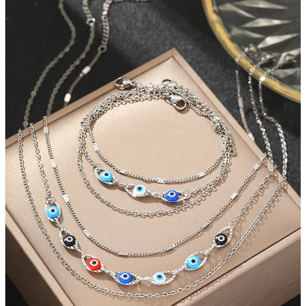 Steel Jewelry Set Layers Fashion Chain Inlaid Colorful Small Eye Design Exquisite Jewelry Set For Women