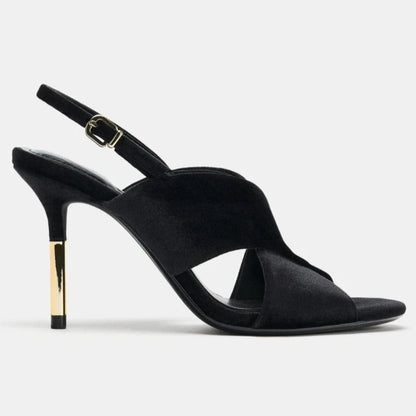 Brand Designer Metal Heel Sandals Women Suede Wide Cross Strap Peep Toe Slingback