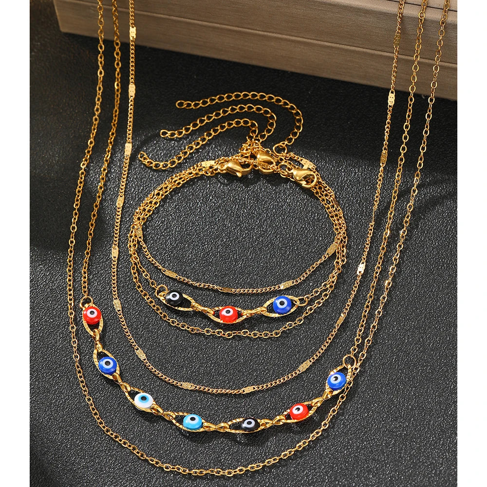 Steel Jewelry Set Layers Fashion Chain Inlaid Colorful Small Eye Design Exquisite Jewelry Set For Women