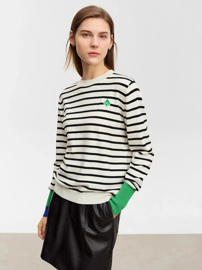 Striped Women's Sweater New Round Neck Asymmetrical
