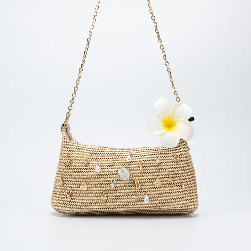 Fashion Shell Women Shoulder Bag Paper Rope Crochet Straw Bags for Women