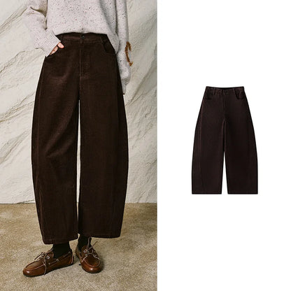 Women Casual Pants New Pure Cotton Corduroy Elastic Waist Forward Seam Cropped Curved Pants