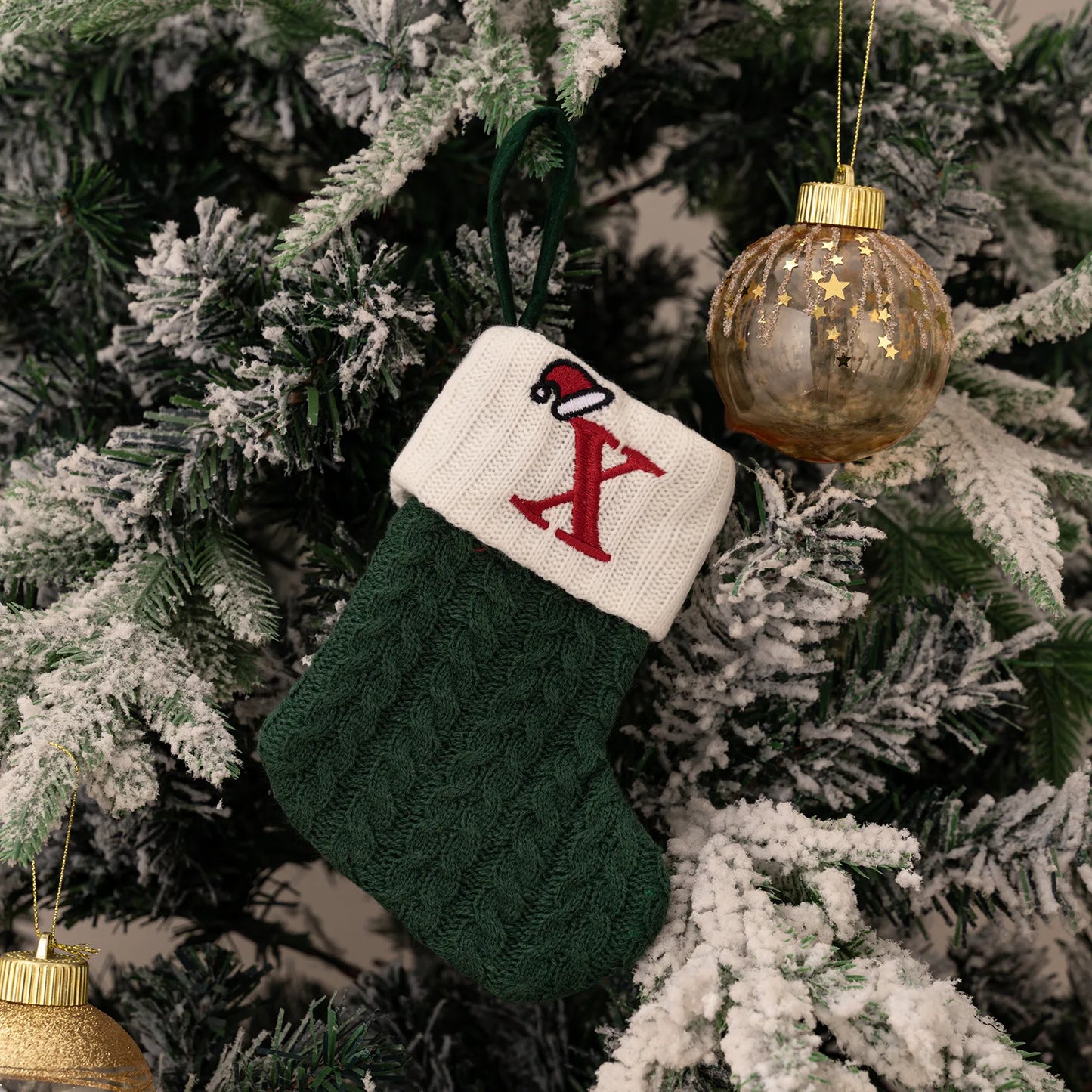 Green A-Z Letter Hanging Christmas Stockings Monogram Knitted Socks
